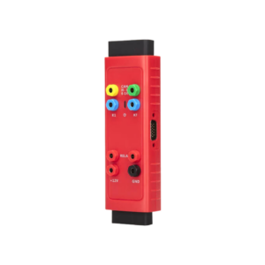 Adaptador Autel G-BOX3 conectado com linhas coloridas de pinagem para leitura de central eletrônica em bancada.