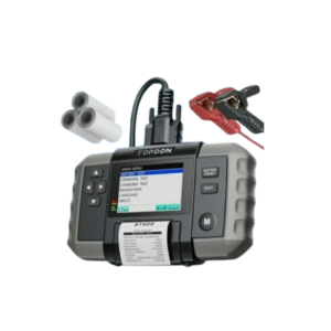 Analisador de bateria profissional Topdon Tornado BT600 exibindo gráficos na tela colorida e emitindo o relatório impresso pela impressora térmica.