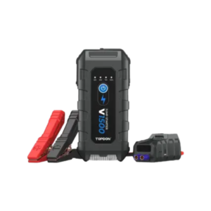 Auxiliar de partida compacto e potente Topdon Jump Start V1500 com as garras inteligentes conectadas e leds indicadores acesos.