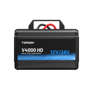 Auxiliar de partida profissional Heavy Duty Topdon V4000 HD com cabos robustos industriais para veículos de linha pesada.