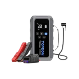 Auxiliar de partida multifuncional Topdon JumpSurge V2200 Air com display aceso mostrando a pressão em PSI e garras de bateria conectadas.