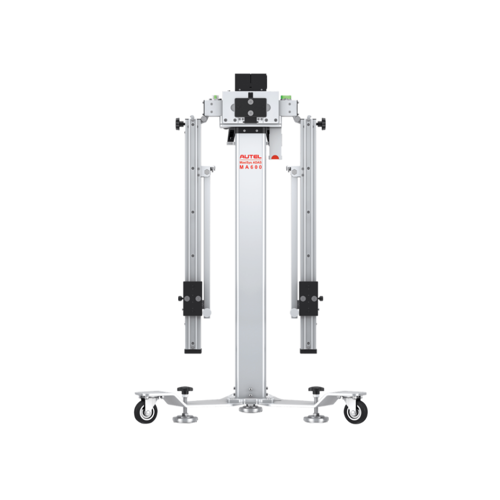 Estrutura modular portátil Autel MaxiSYS MA600 montada com lasers de posicionamento em frente a um veículo para calibração de câmera.