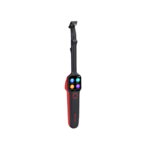 Dispositivo eletrônico a laser Autel MaxiTPMS TBE200 projetando o feixe de varredura digital sobre a banda de rodagem de um pneu.