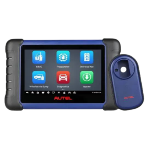 Tablet programador de chaves Autel MaxiIM IM508S posicionado ao lado do módulo programador de bancada XP200 executando a leitura de um chip de chave.