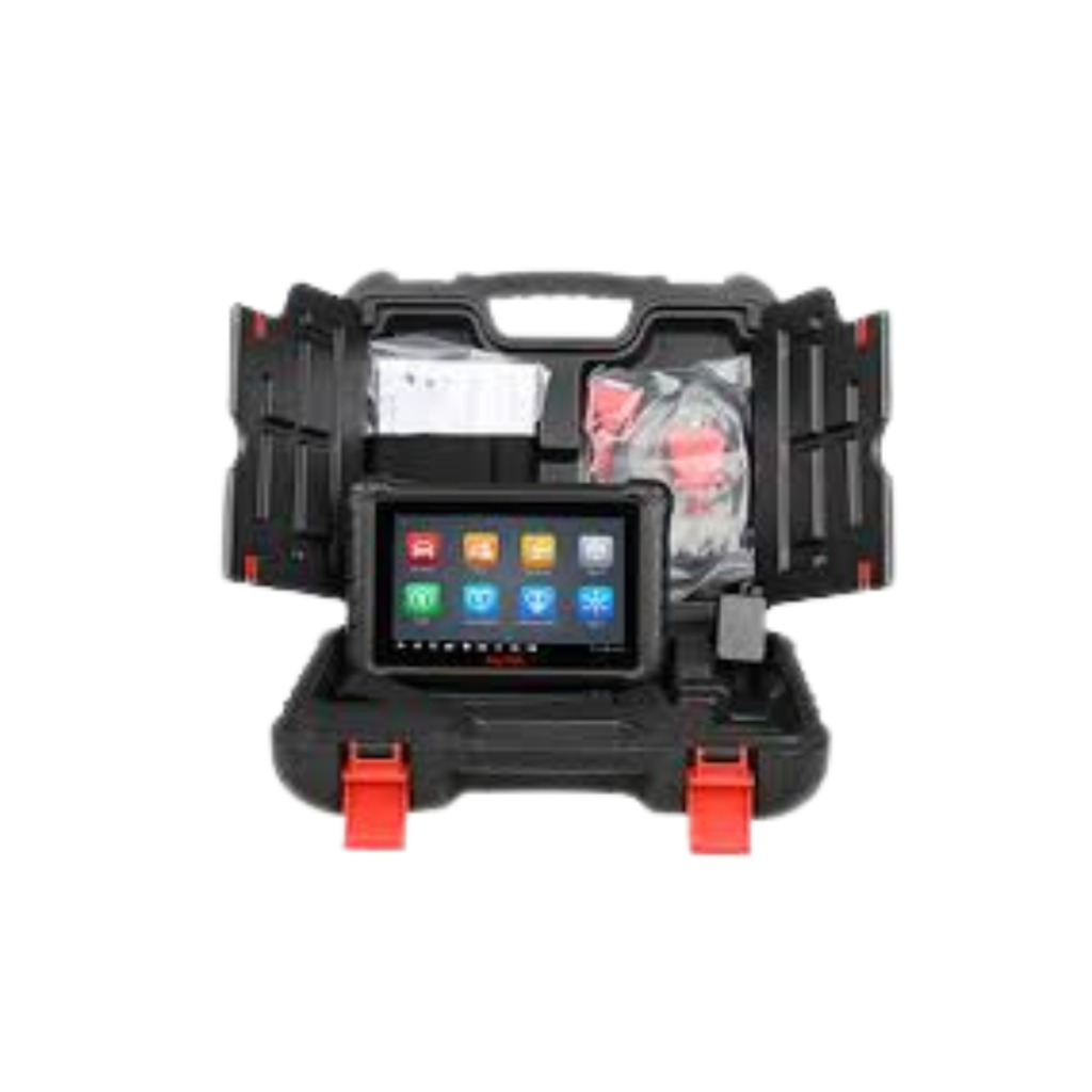 Scanner automotivo de entrada Autel MaxiCheck MX900 exibindo o menu de serviços em sua tela LCD compacta de 8 polegadas conectado via cabo OBD2.
