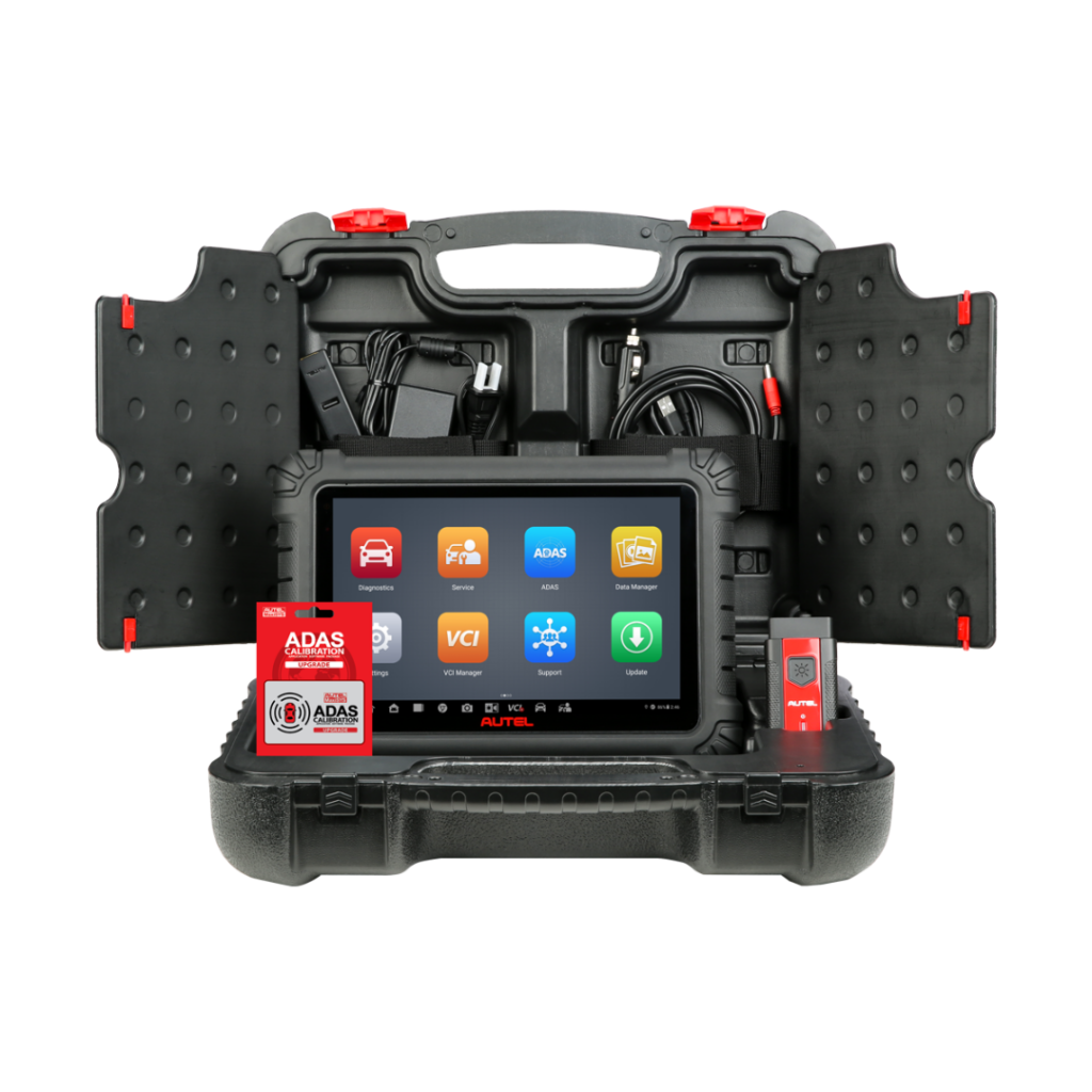 Scanner automotivo intermediário Autel MaxiSys MS906 MAX exibindo o diagnóstico de sistemas em sua tela touchscreen de 10.1 polegadas ao lado do conector VCI V200.