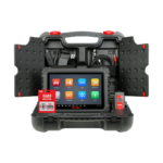 Scanner automotivo intermediário Autel MaxiSys MS906 MAX exibindo o diagnóstico de sistemas em sua tela touchscreen de 10.1 polegadas ao lado do conector VCI V200.