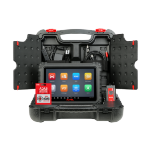 Scanner automotivo intermediário Autel MaxiSys MS906 MAX exibindo o diagnóstico de sistemas em sua tela touchscreen de 10.1 polegadas ao lado do conector VCI V200.