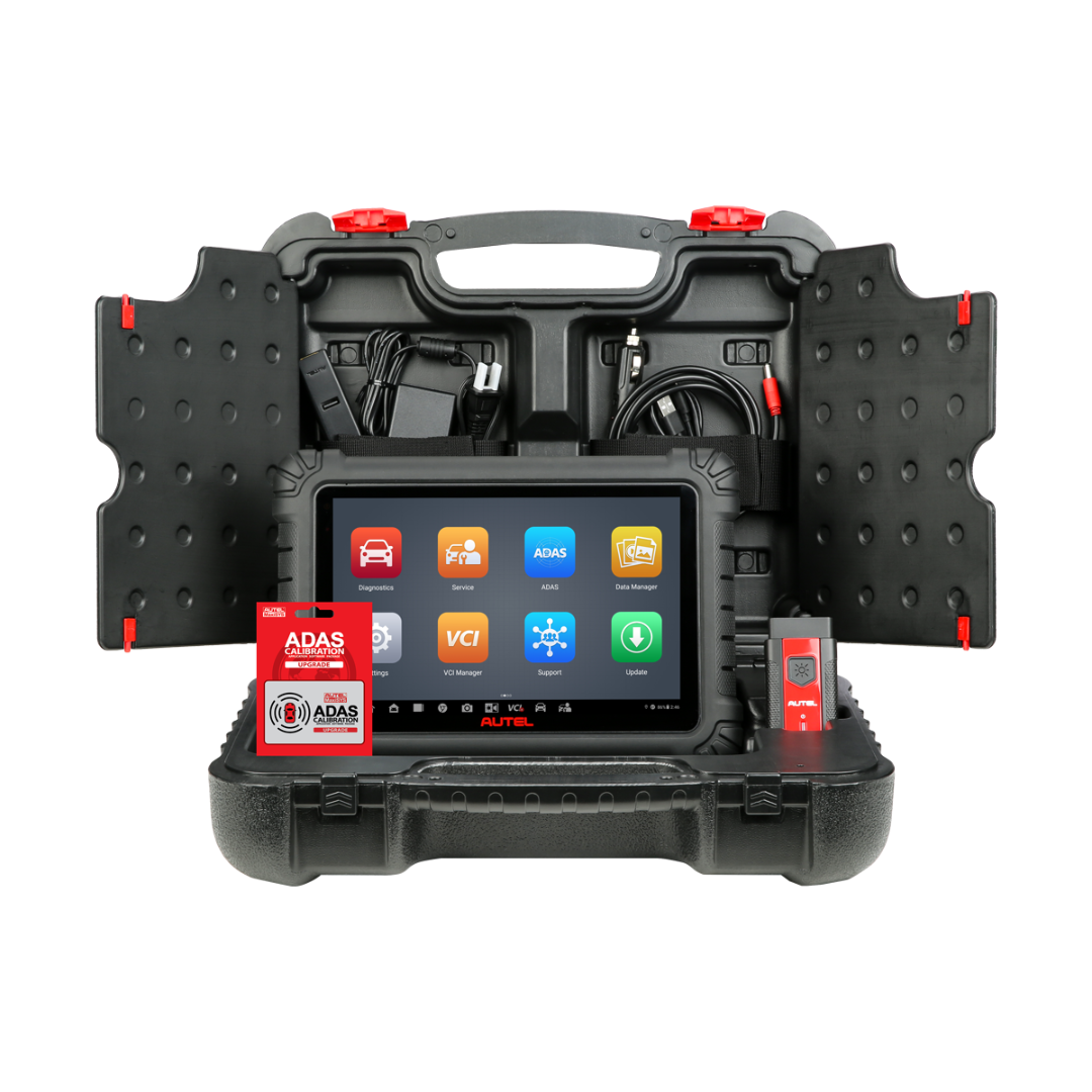 Scanner Automotivo Autel MaxiSys MS906 MAX Scanner automotivo intermediário Autel MaxiSys MS906 MAX exibindo o diagnóstico de sistemas em sua tela touchscreen de 10.1 polegadas ao lado do conector VCI V200.
