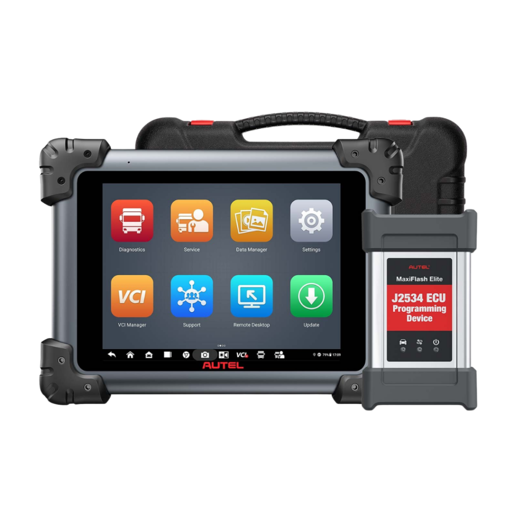 Scanner automotivo de linha pesada Autel MaxiSys MS908CV II com tablet de 9.7 polegadas e interface de diagnóstico diesel.