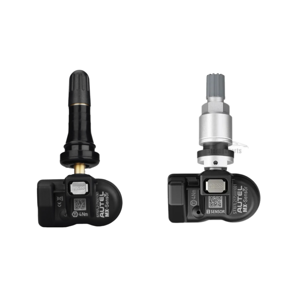 Sensor de pressão de pneu universal Autel MX-Sensor exibindo a cabeça programável acoplada à sua válvula intercambiável de alumínio.