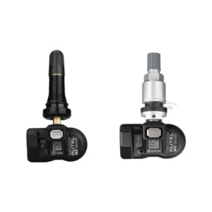 Sensor de pressão de pneu universal Autel MX-Sensor exibindo a cabeça programável acoplada à sua válvula intercambiável de alumínio.