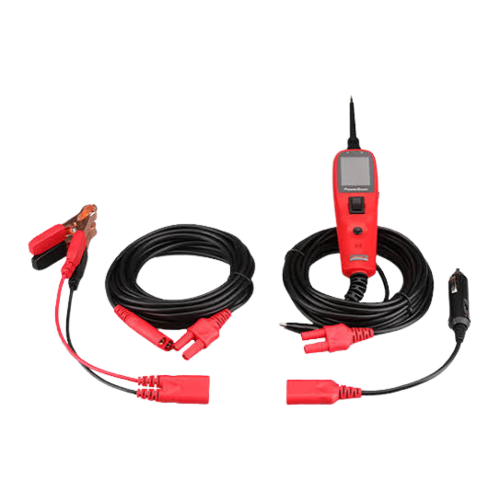 Sonda de diagnóstico elétrico Autel PowerScan PS100 realizando teste de polaridade em uma caixa de fusíveis automotiva.