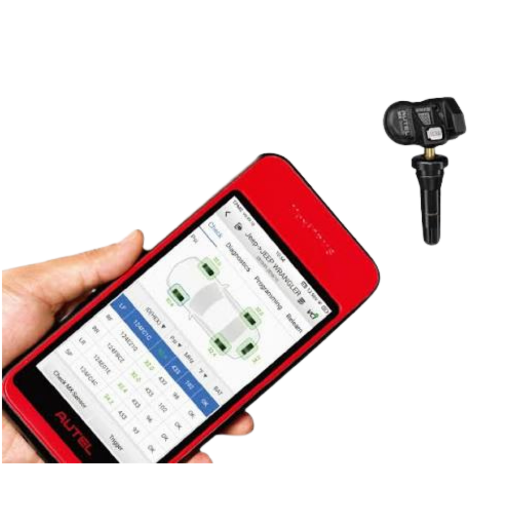 Tablet de diagnóstico de pressão de pneus Autel MaxiTPMS ITS600 efetuando a ativação sem fio de um sensor de roda automotivo.