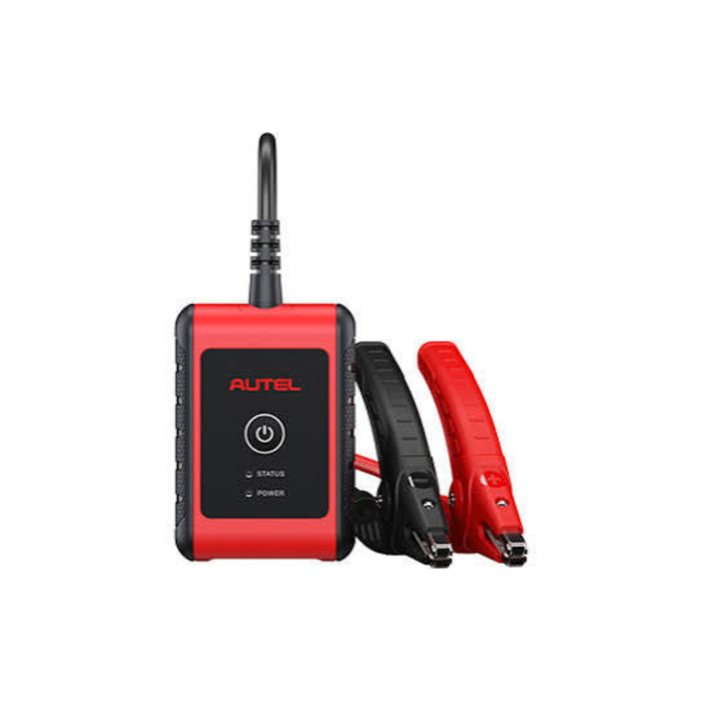 Dispositivo compacto do testador de bateria Autel MaxiBAS BT506 conectado a uma bateria veicular de 12V pelas garras preta e vermelha.