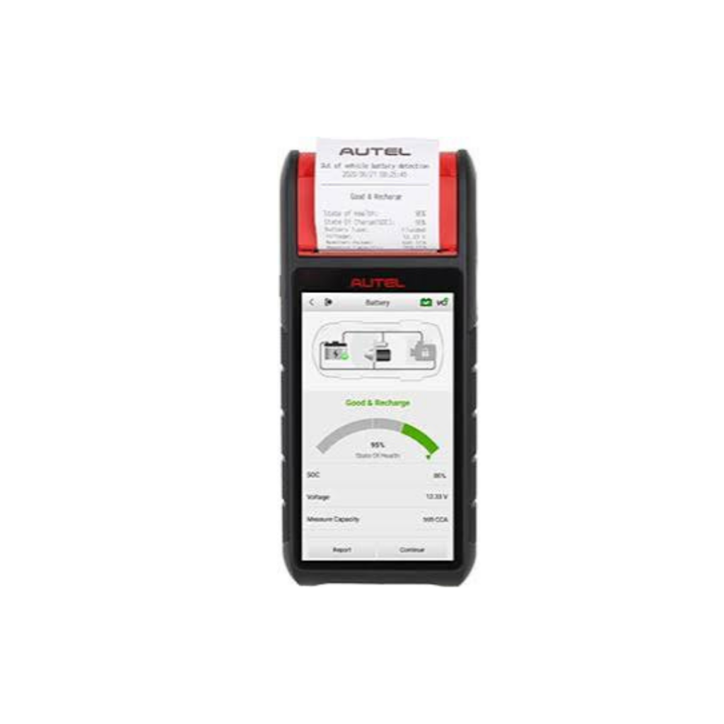 Testador de bateria profissional Autel MaxiBAS BT608 imprimindo o relatório técnico de saúde do sistema elétrico pela impressora integrada.