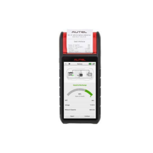 Testador de bateria profissional Autel MaxiBAS BT608 imprimindo o relatório técnico de saúde do sistema elétrico pela impressora integrada.