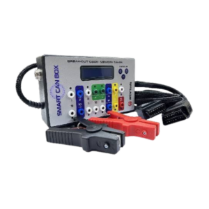 Interface breakout box WCV Tools Smart CAN Box com LEDs de sinal acesos conectada entre o chicote do veículo e um osciloscópio automotivo.