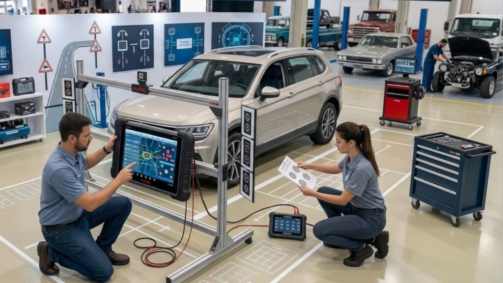 Equipamento Autel ADAS realizando a calibração de câmeras no para-brisa de um veículo moderno.
