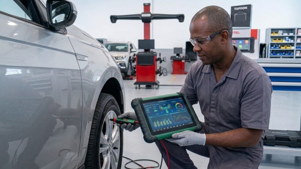 Técnico automotivo utilizando o equipamento Autel MaxiTPMS iTS600 para testar o sensor TPMS na roda do veículo.