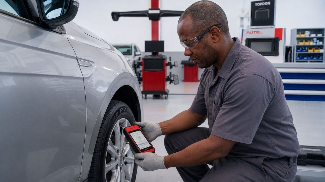 Técnico automotivo utilizando o equipamento Autel MaxiTPMS iTS600 para testar o sensor TPMS na roda do veículo.