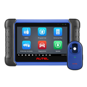 Tablet programador de chaves Autel MaxiIM IM508S posicionado ao lado do módulo programador de bancada XP200 executando a leitura de um chip de chave.