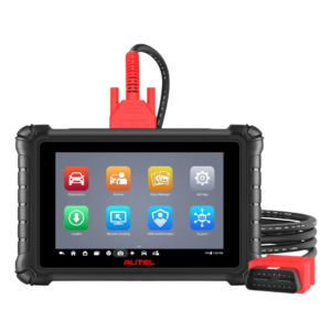Scanner automotivo de entrada Autel MaxiCheck MX900 exibindo o menu de serviços em sua tela LCD compacta de 8 polegadas conectado via cabo OBD2.