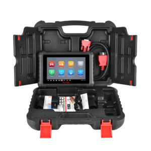 Scanner automotivo de entrada Autel MaxiCheck MX900 exibindo o menu de serviços em sua tela LCD compacta de 8 polegadas conectado via cabo OBD2.