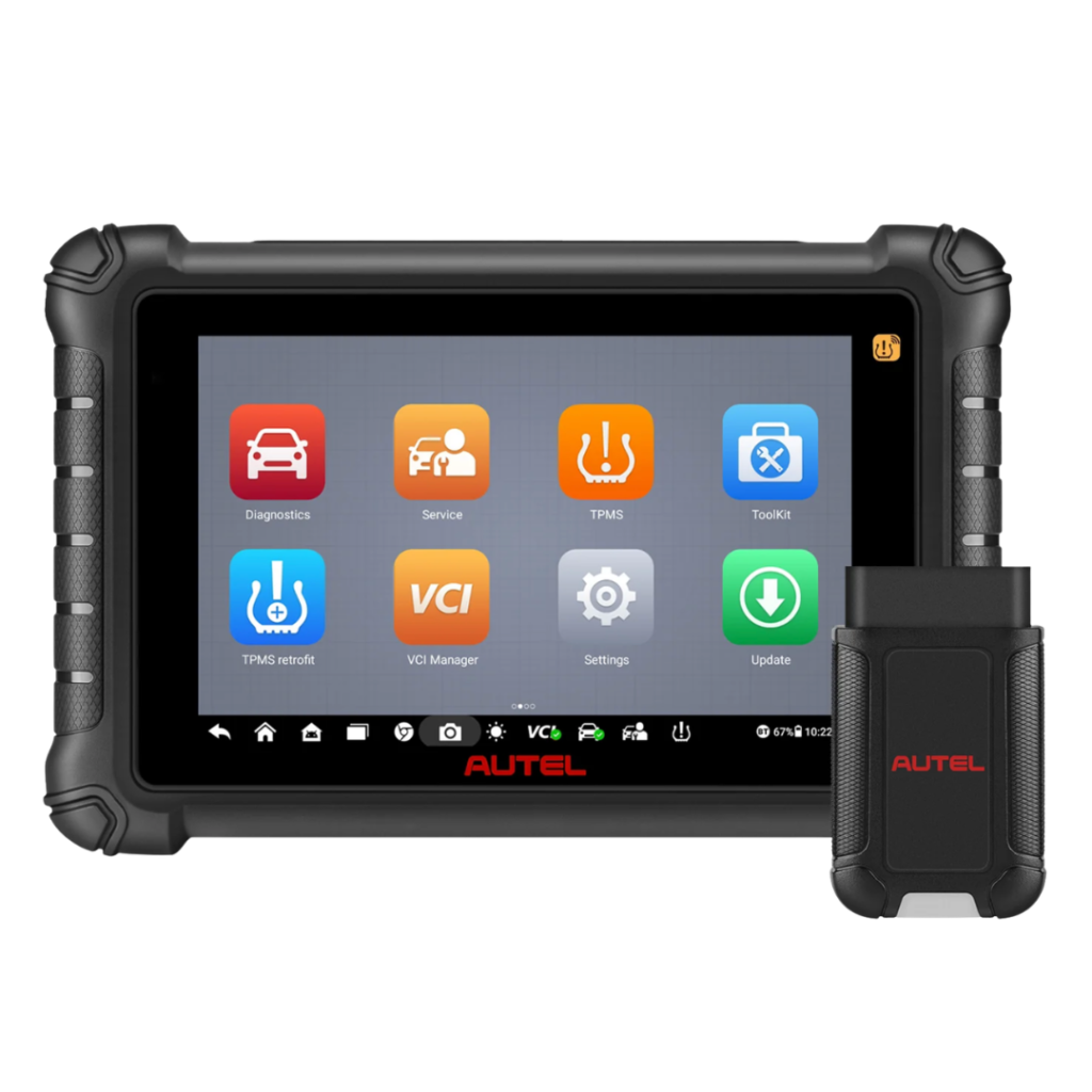 Scanner automotivo intermediário avançado Autel MaxiCheck MX900-TS efetuando a leitura por aproximação de um sensor de pressão de pneu TPMS.