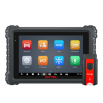 Scanner automotivo intermediário Autel MaxiSys MS906 MAX exibindo o diagnóstico de sistemas em sua tela touchscreen de 10.1 polegadas ao lado do conector VCI V200.