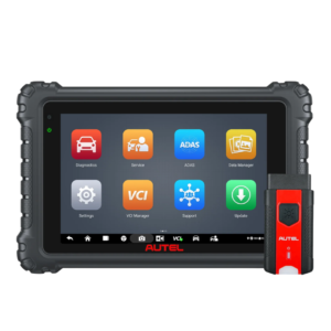 Scanner automotivo intermediário Autel MaxiSys MS906 MAX exibindo o diagnóstico de sistemas em sua tela touchscreen de 10.1 polegadas ao lado do conector VCI V200.