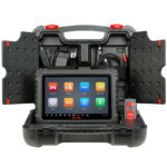 Scanner automotivo intermediário Autel MaxiSys MS906 MAX exibindo o diagnóstico de sistemas em sua tela touchscreen de 10.1 polegadas ao lado do conector VCI V200.