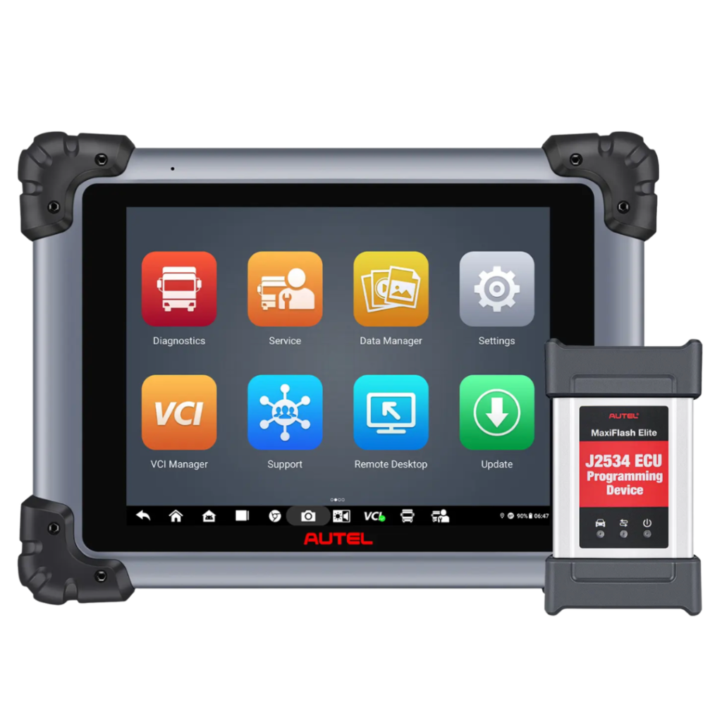 Scanner automotivo de linha pesada Autel MaxiSys MS908CV II com tablet de 9.7 polegadas e interface de diagnóstico diesel.