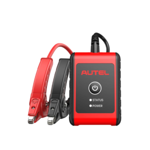 Dispositivo compacto do testador de bateria Autel MaxiBAS BT506 conectado a uma bateria veicular de 12V pelas garras preta e vermelha.