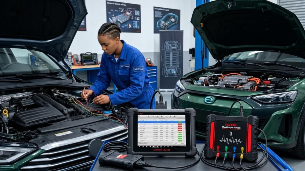 Técnico utilizando osciloscópio automotivo Autel MaxiScope MP608 conectado a um veículo para análise de sinais.