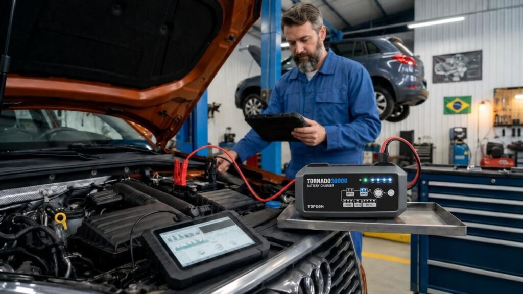 Equipamento de diagnóstico e programação de ECU conectado a um veículo em oficina.
